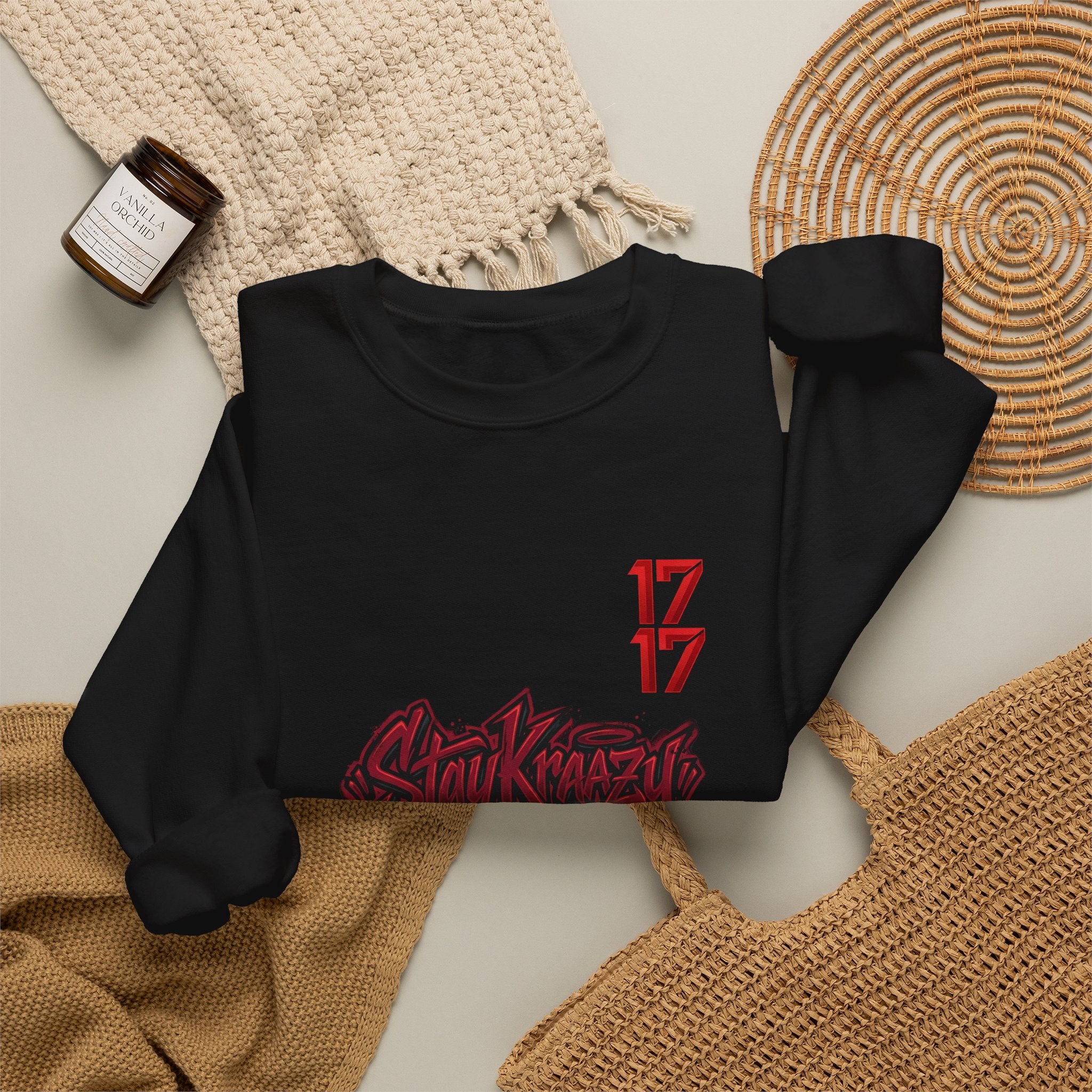 Streetwear Crewneck Sweatshirt — Graffiti 'Stay Krazy' Design with 17/17 Sleeve Accents