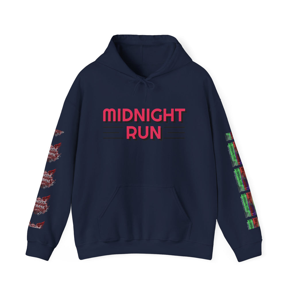 Midnight Run Hoodie — Graphic Streetwear Pullover with Sleeve Prints