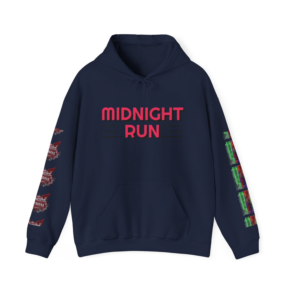 Midnight Run Hoodie — Graphic Streetwear Pullover with Sleeve Prints