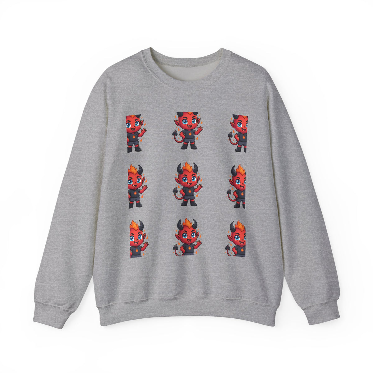 Cute Devil Character Grid Sweatshirt — Cartoon Demon Pattern Crewneck