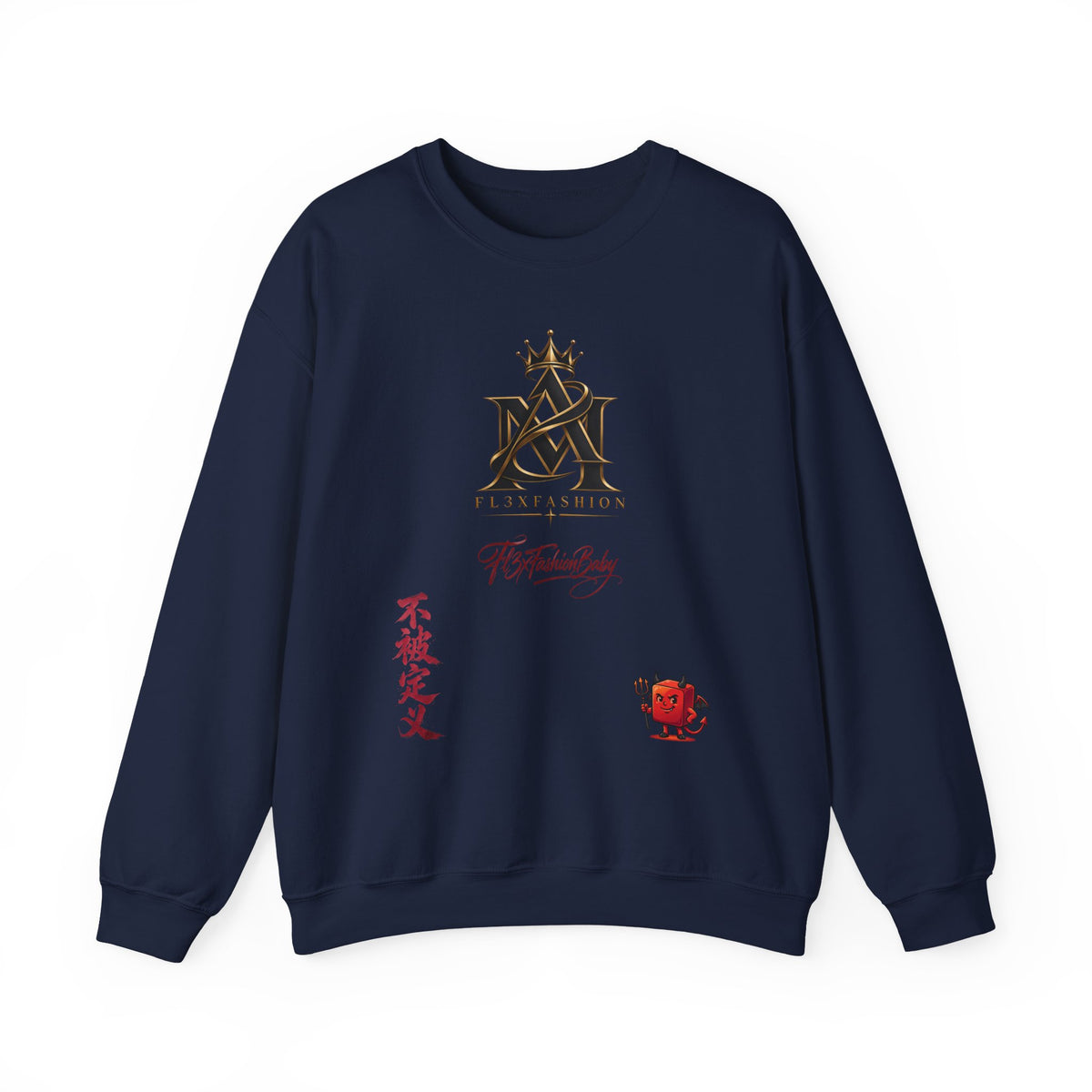 Asian-Inspired Logo Crewneck Sweatshirt — Monogram, Kanji & Lucky Charm Design