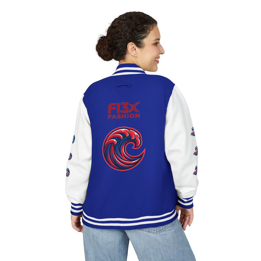 Letterman Jacket — Red Wave Graphic Varsity Jacket with 'F13X Fashion' Logo