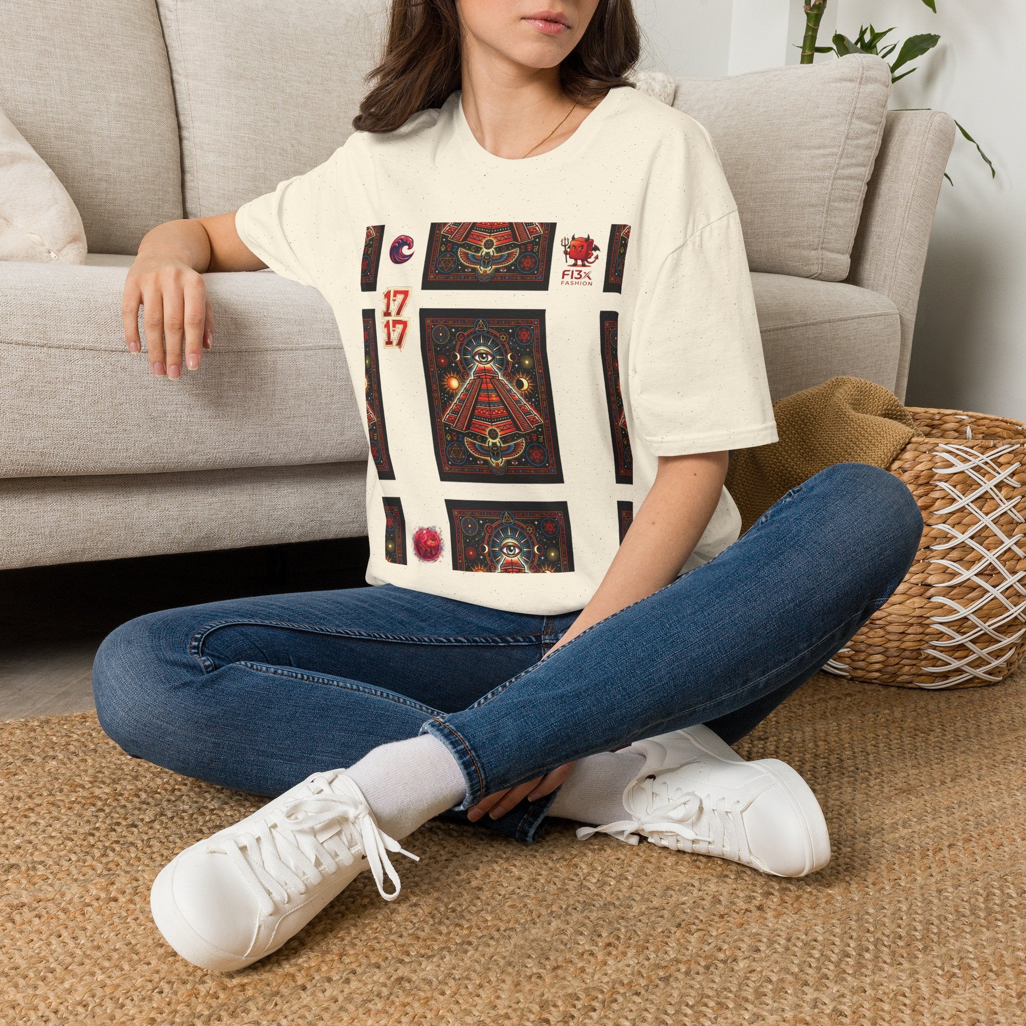 T-Shirt — Retro Cosmic Tarot Graphic with '17' Mystic Symbols