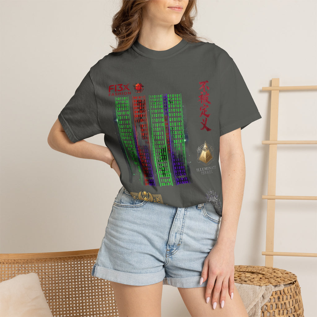 Graphic T-Shirt — Futuristic Cityscape Design with Japanese Calligraphy