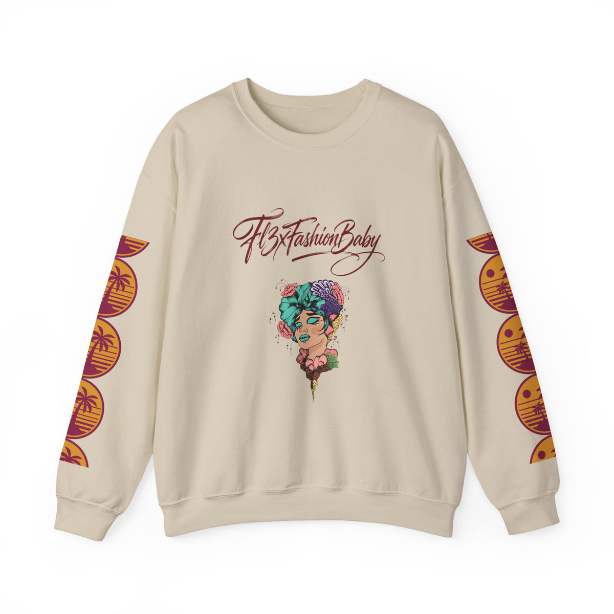 Crewneck Sweatshirt — Floral Femme Portrait “FitFashionBaby” Graphic