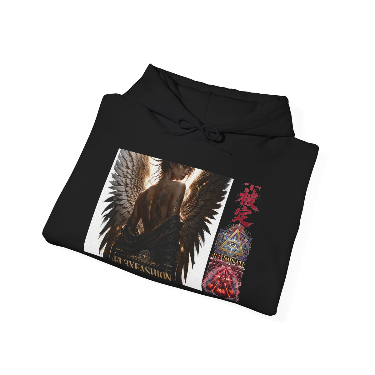 Angel Wings Graphic Hoodie — Dark Fantasy Japanese Script Design