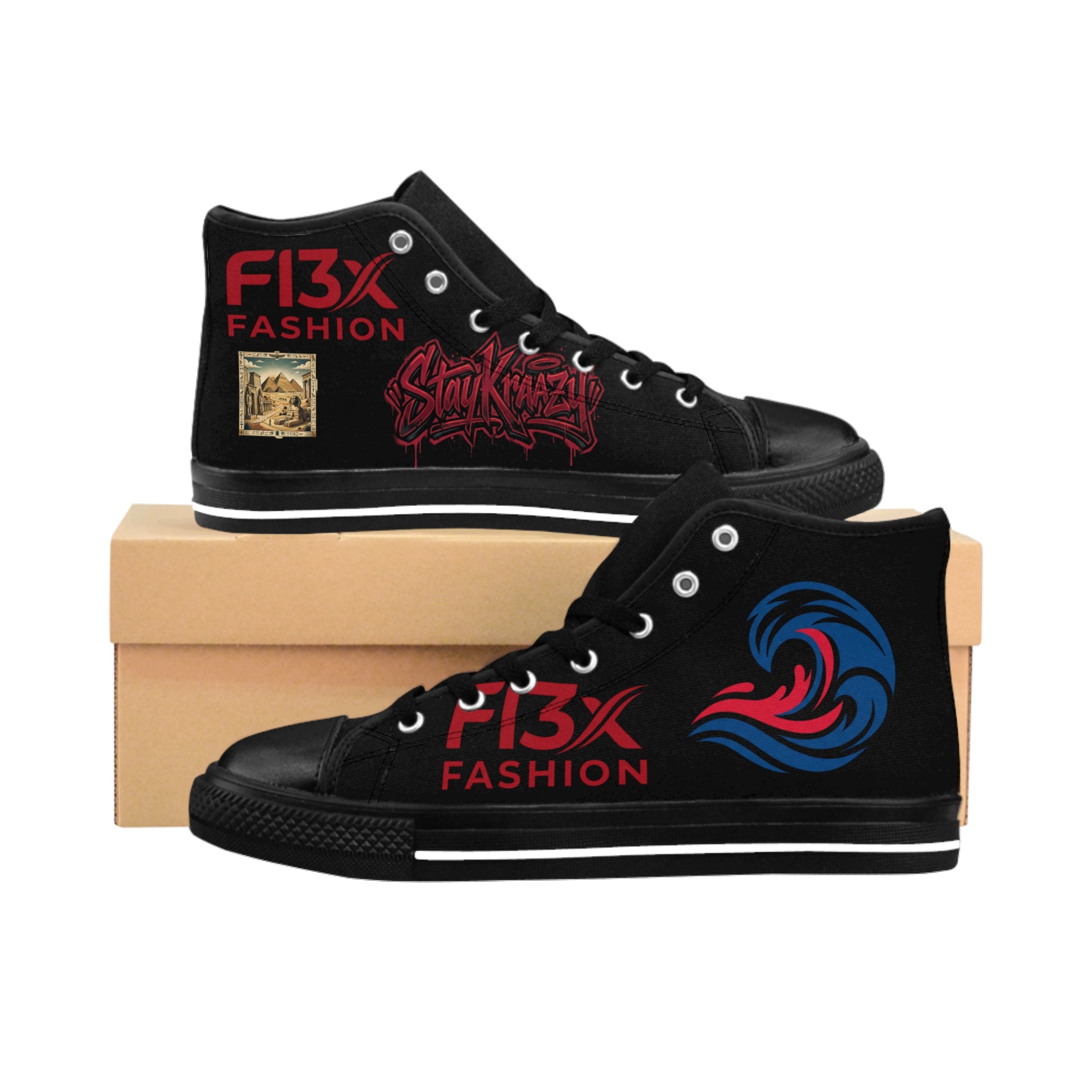 Black Graphic High-Top Sneakers — Bold Streetwear Design with 'F13X Fashion' & Wave Logo