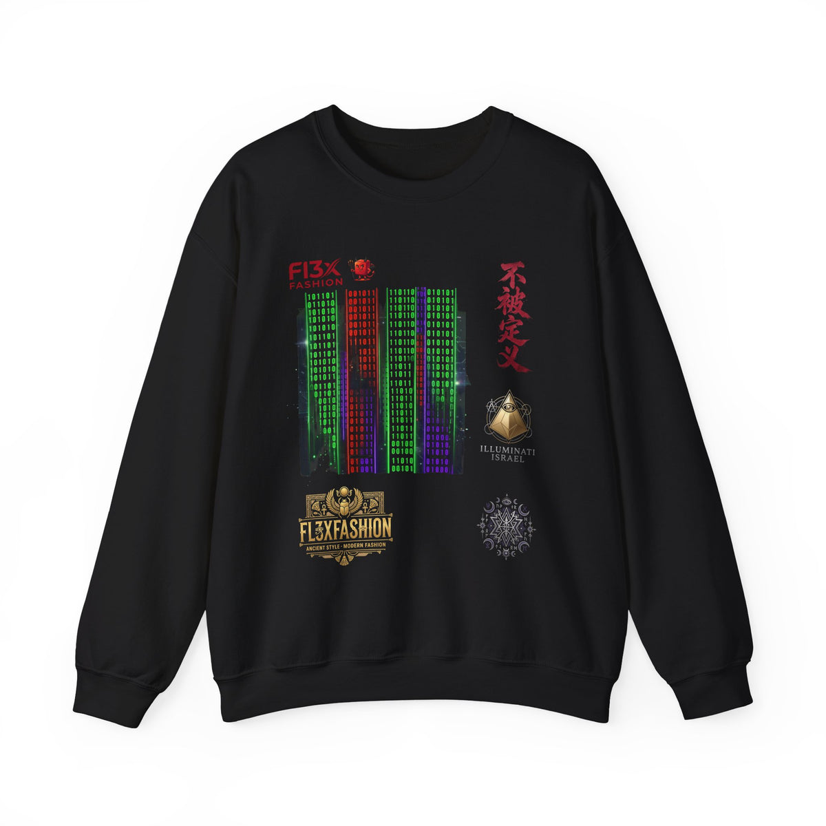 Crewneck Sweatshirt — Cyber Tokyo Graphic with Kanji & Matrix Cityscape