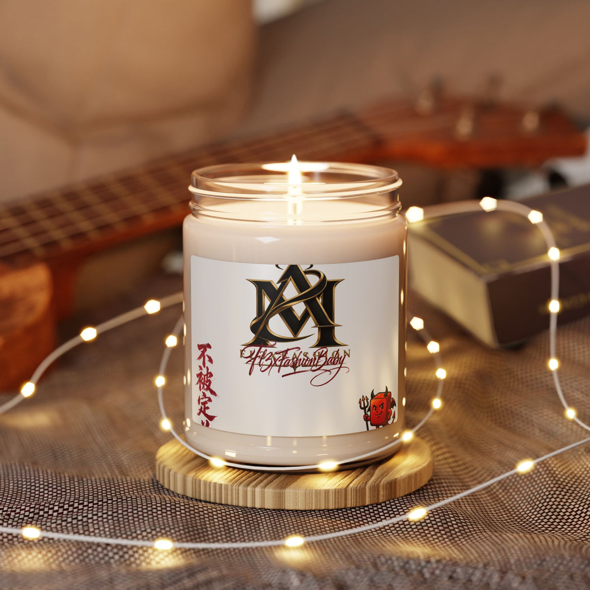 Scented Soy Candle — 9oz Aromatherapy Jar with Asian Calligraphy & Red Daruma Design
