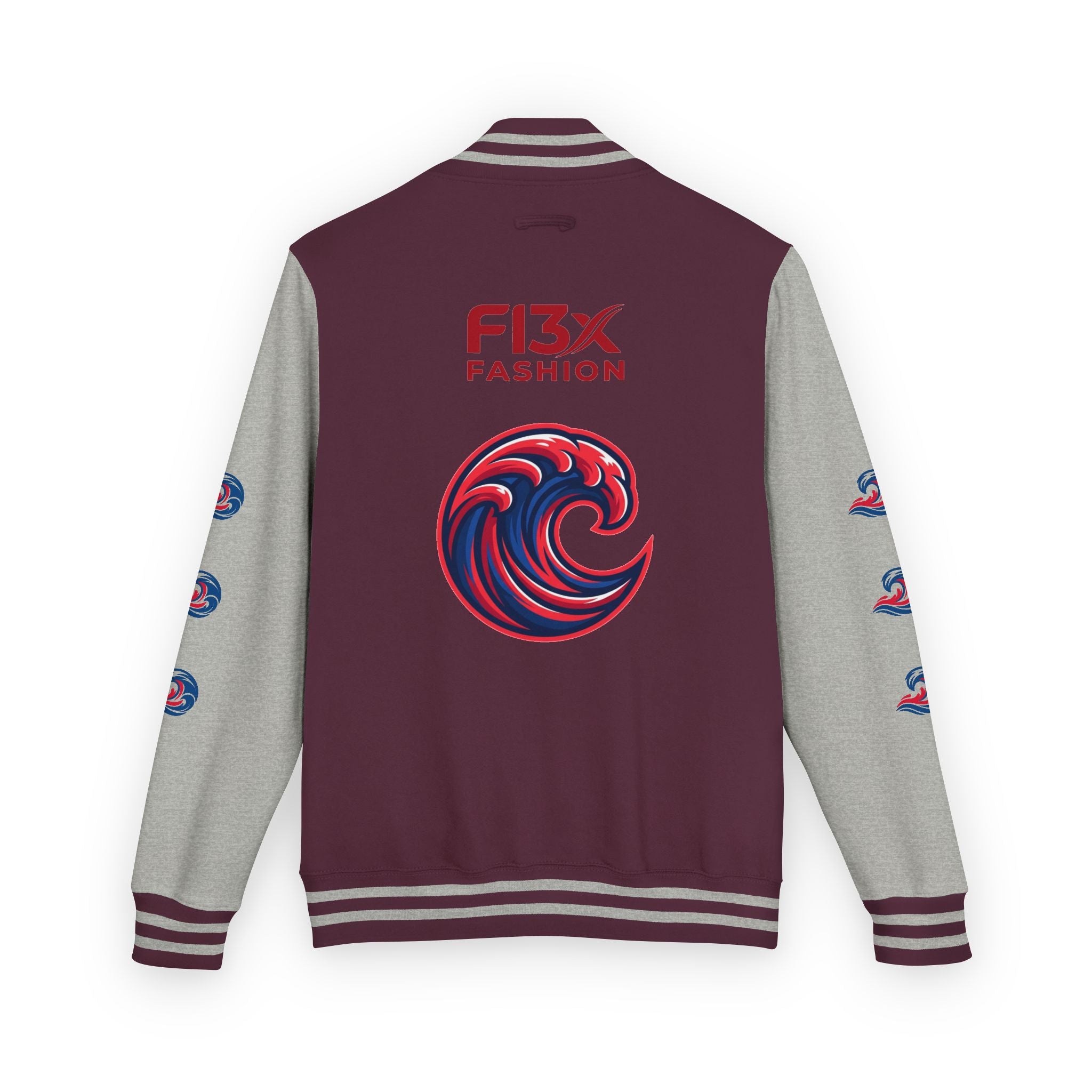 Letterman Jacket — Red Wave Graphic Varsity Jacket with 'F13X Fashion' Logo