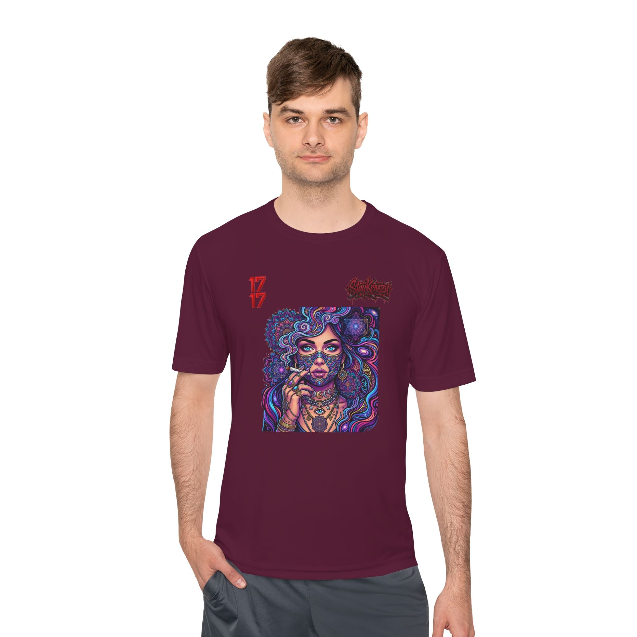 Psychedelic Woman Graphic Tee — Retro Cosmic Portrait Moisture‑Wicking Shirt