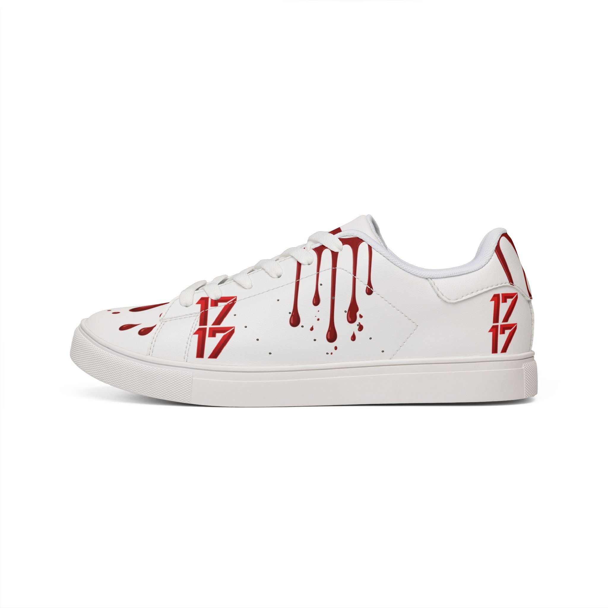 Leather Sneakers — White Low-Top with Red Drip & "17" Graphic