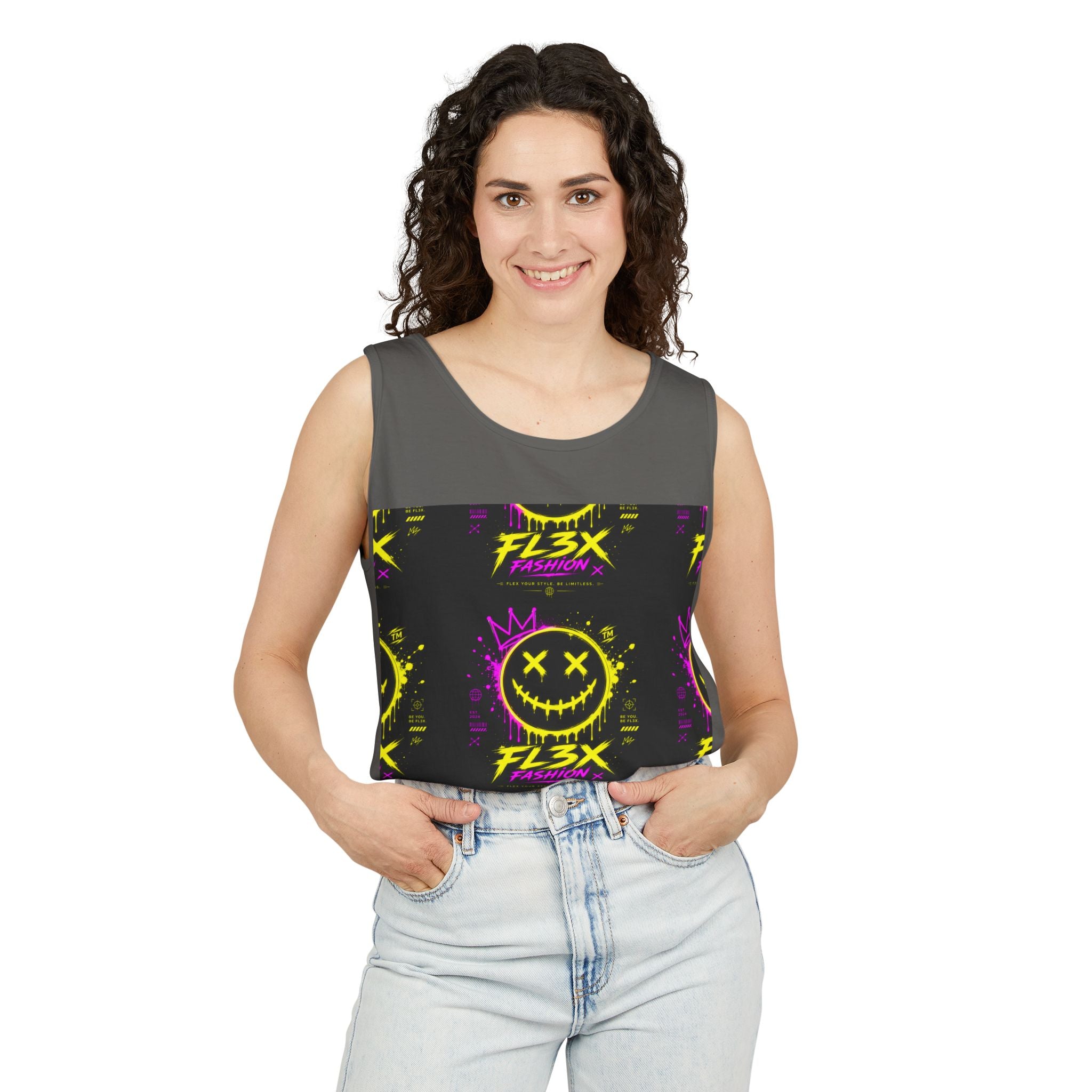 FL3X Fashion Graphic Tank Top — Neon Smiley & Devil Logo Streetwear