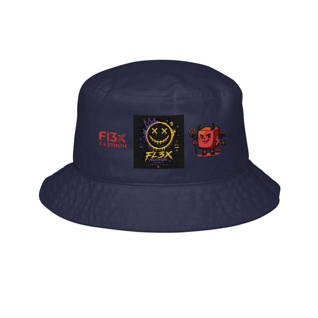 Embroidered Graphic Bucket Hat — Smiley Skull & Devil Icons