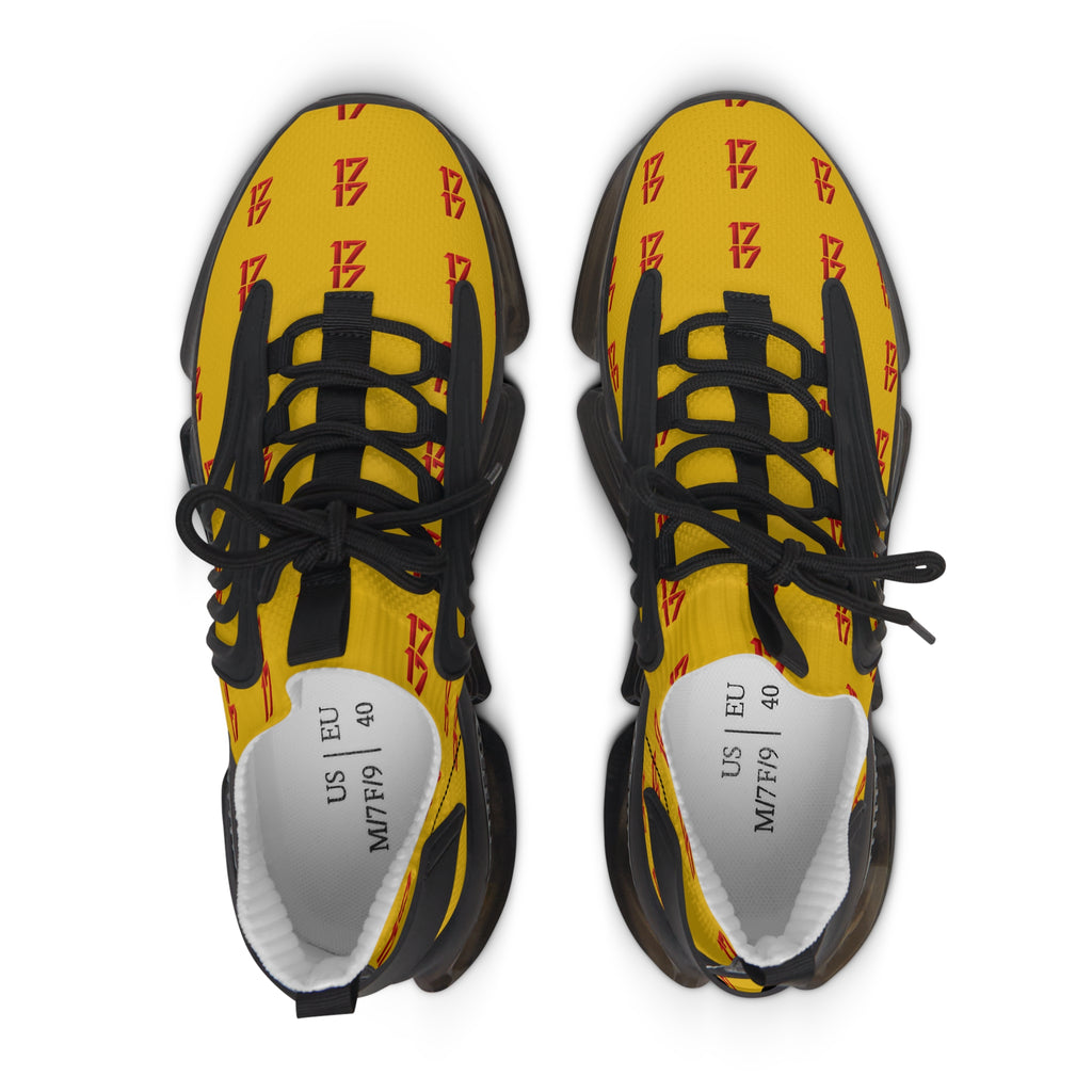 Yellow Mesh Sneakers — Breathable Women's Athletic Shoes with Red Logo Pattern