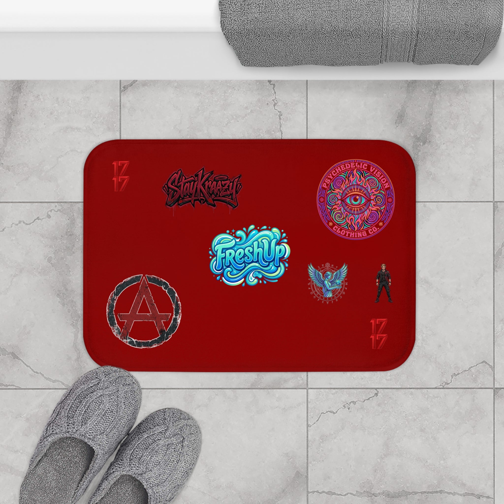 Red Graphic Sticker-Style Bath Mat — Anarchy, FreshUp & Psychedelic Emblems