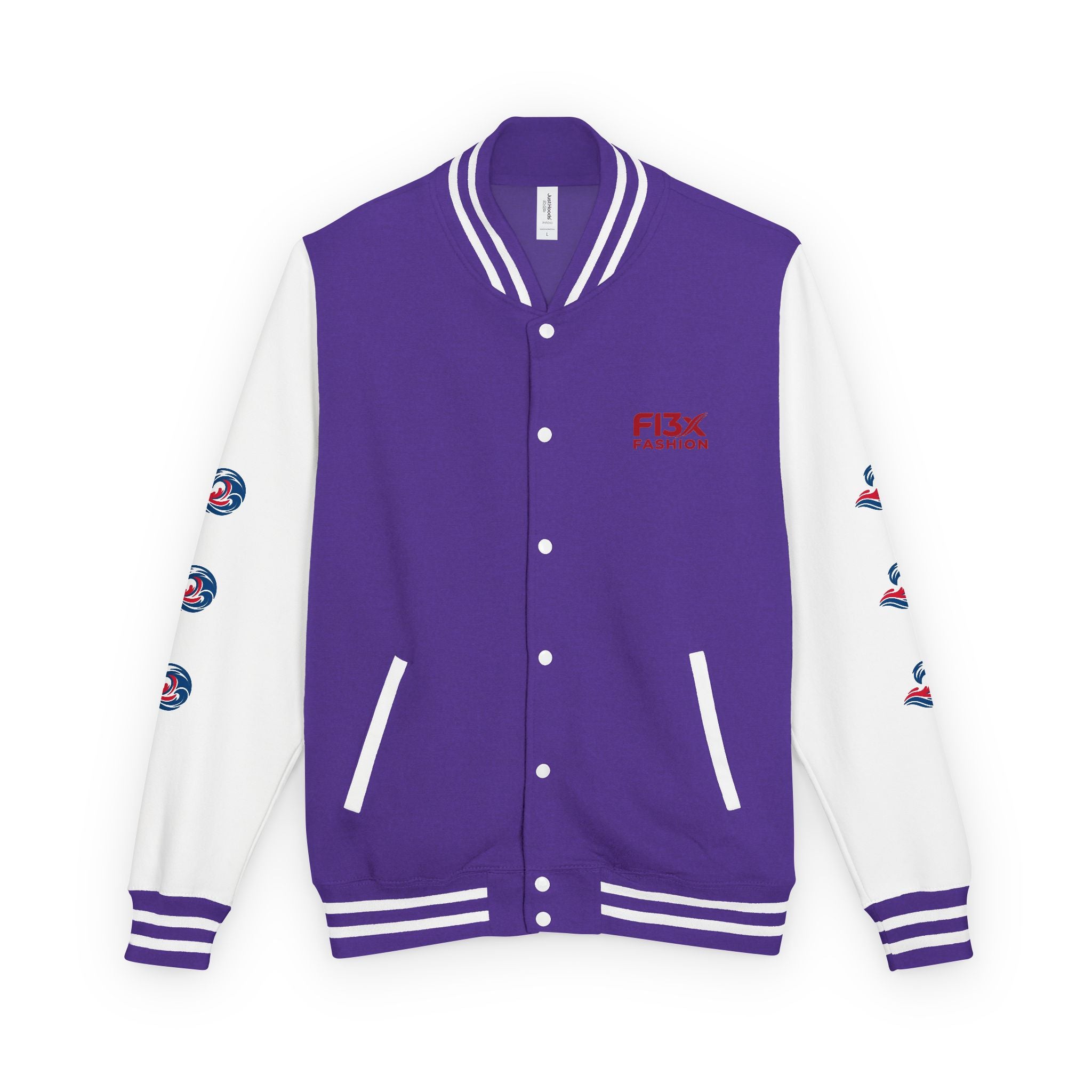 Letterman Jacket — Red Wave Graphic Varsity Jacket with 'F13X Fashion' Logo
