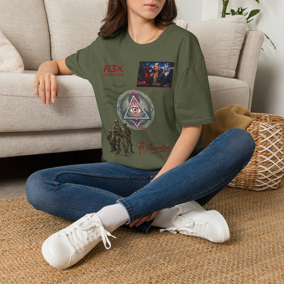 Graphic T-Shirt — F13X Fashion Collage Tee (Surfing Wave & Retro Crew)