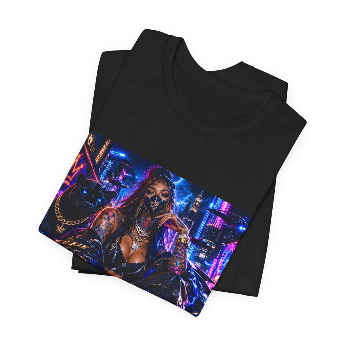 Cyberpunk Streetwear Tee — Neon Masked Woman Graphic T-Shirt