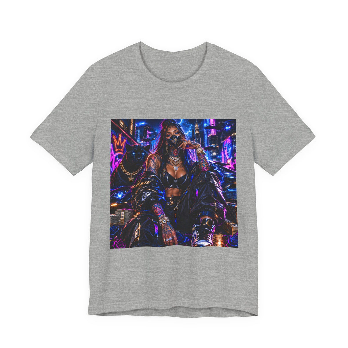 Cyberpunk Streetwear Tee — Neon Masked Woman Graphic T-Shirt