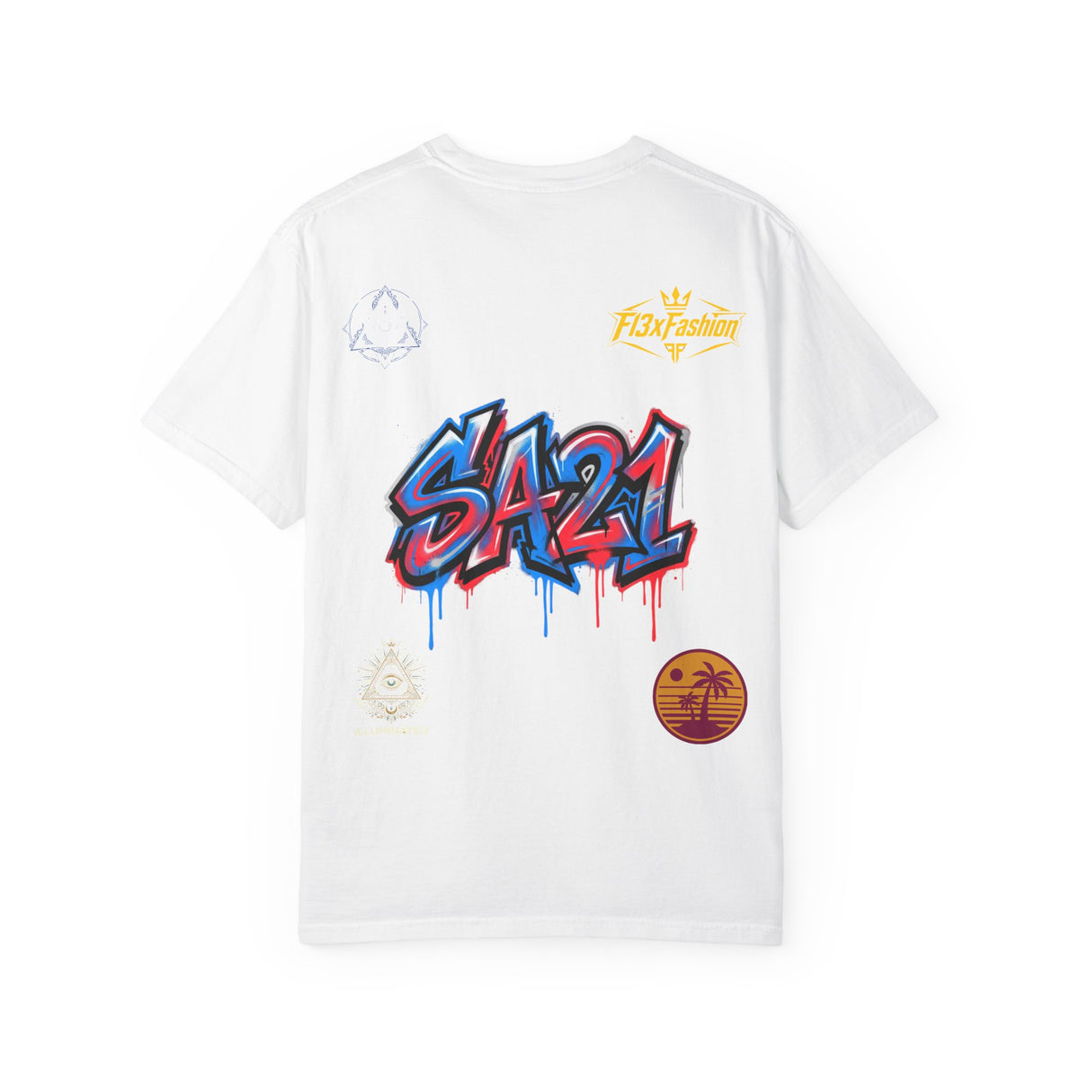 SA21 Graffiti T-Shirt — Urban Streetwear Tee with Drip Art & Tropical Patch