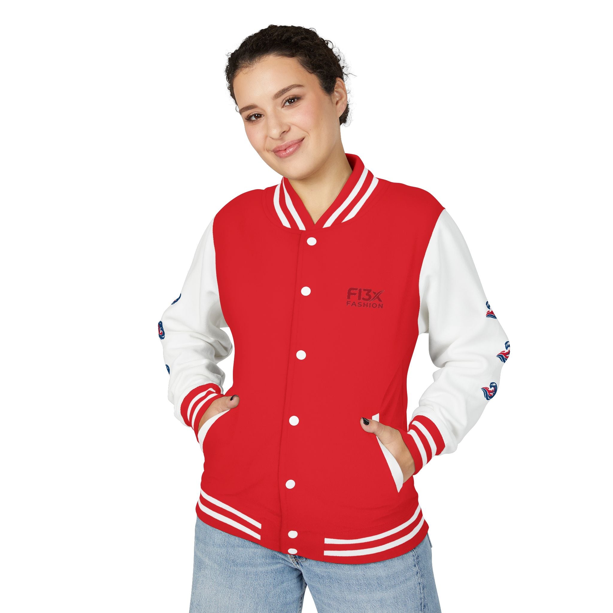 Letterman Jacket — Red Wave Graphic Varsity Jacket with 'F13X Fashion' Logo