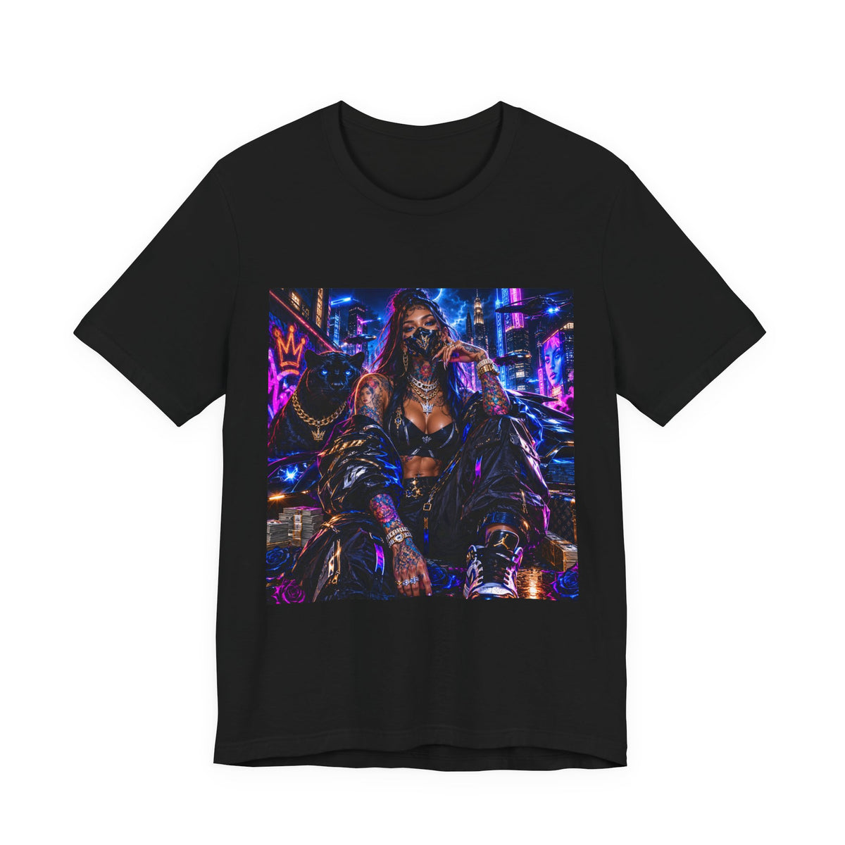 Cyberpunk Streetwear Tee — Neon Masked Woman Graphic T-Shirt
