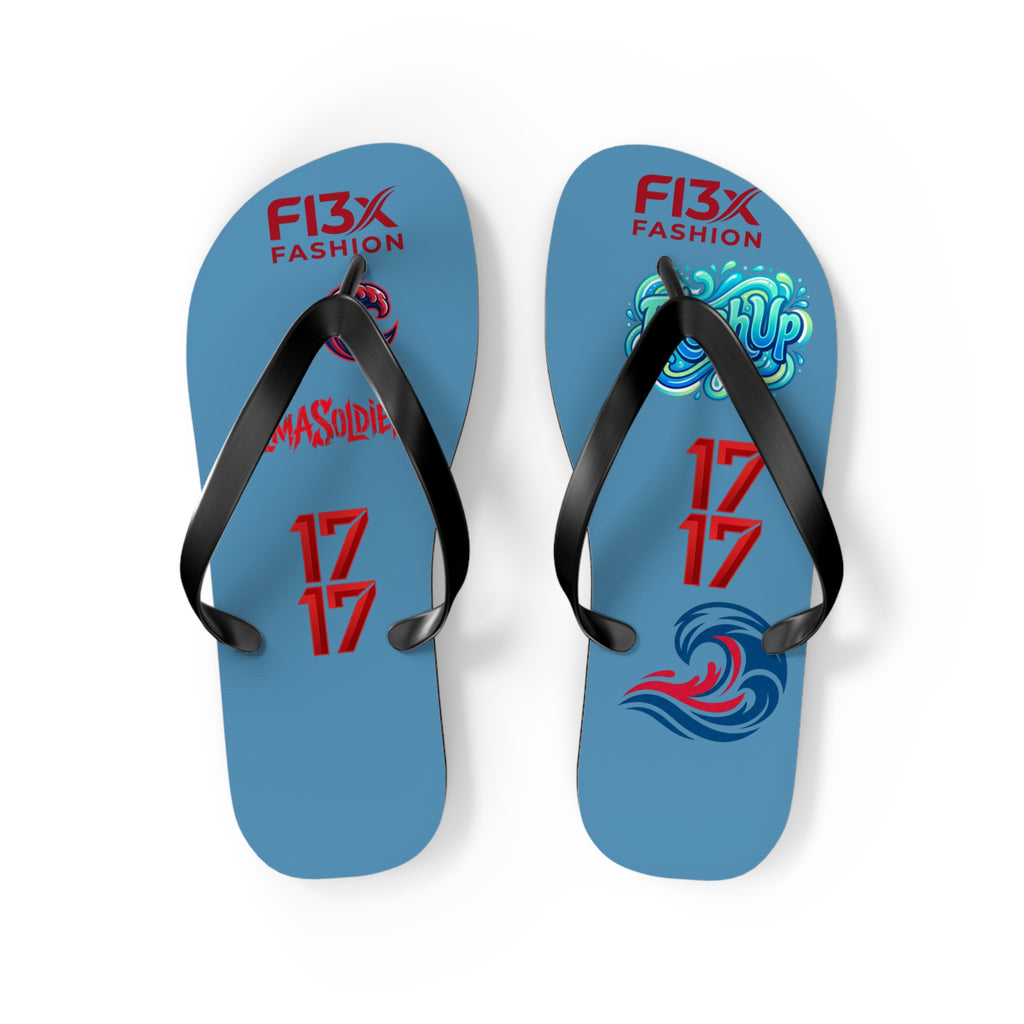 Blue Graphic Flip Flops – Surf Wave Design with '17 17' and Bold Logos