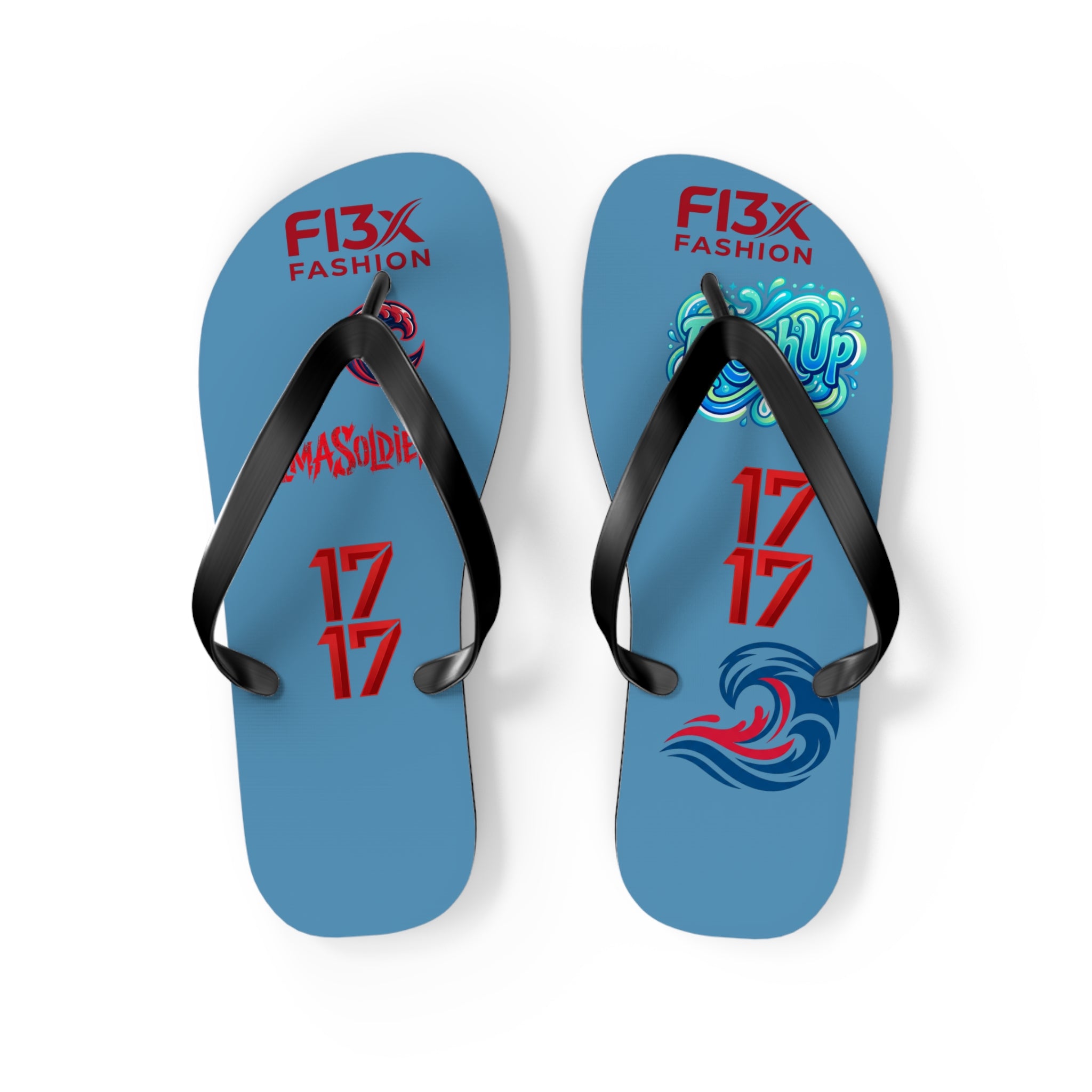 Blue Graphic Flip Flops – Surf Wave Design with '17 17' and Bold Logos