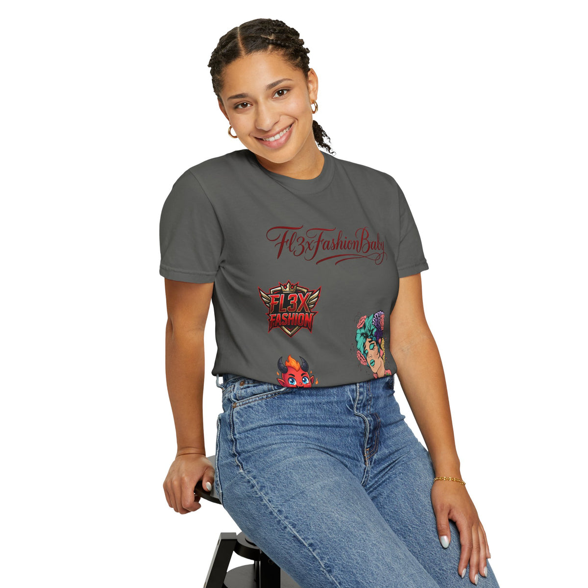 Artistic Floral Portrait T-Shirt — 'Fl3xFashionBaby' Graphic Tee