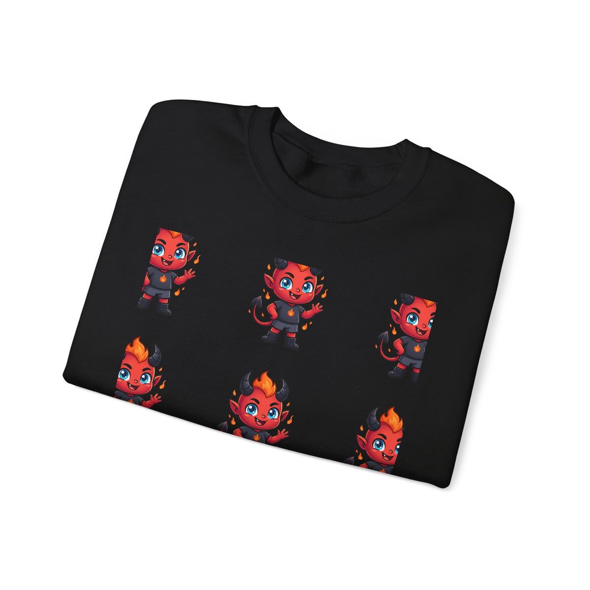 Cute Devil Character Grid Sweatshirt — Cartoon Demon Pattern Crewneck