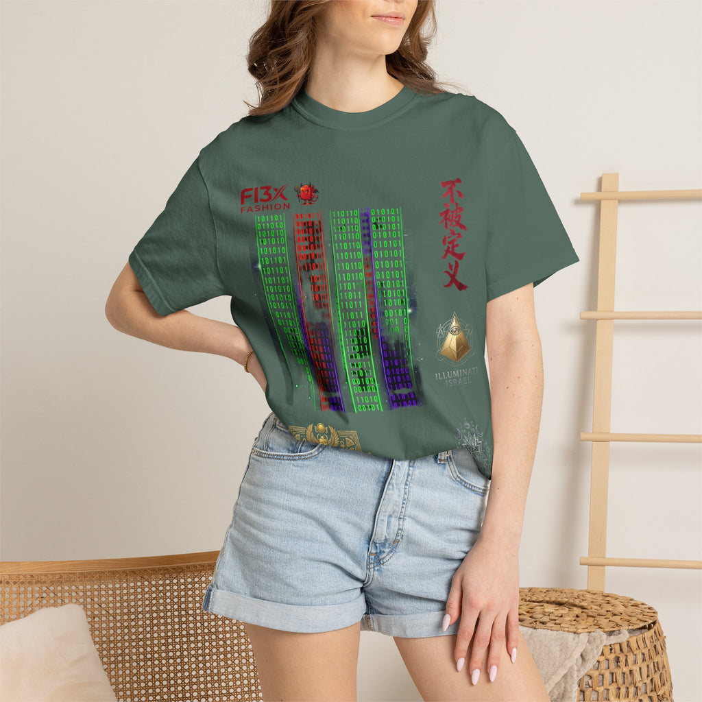 Graphic T-Shirt — Futuristic Cityscape Design with Japanese Calligraphy