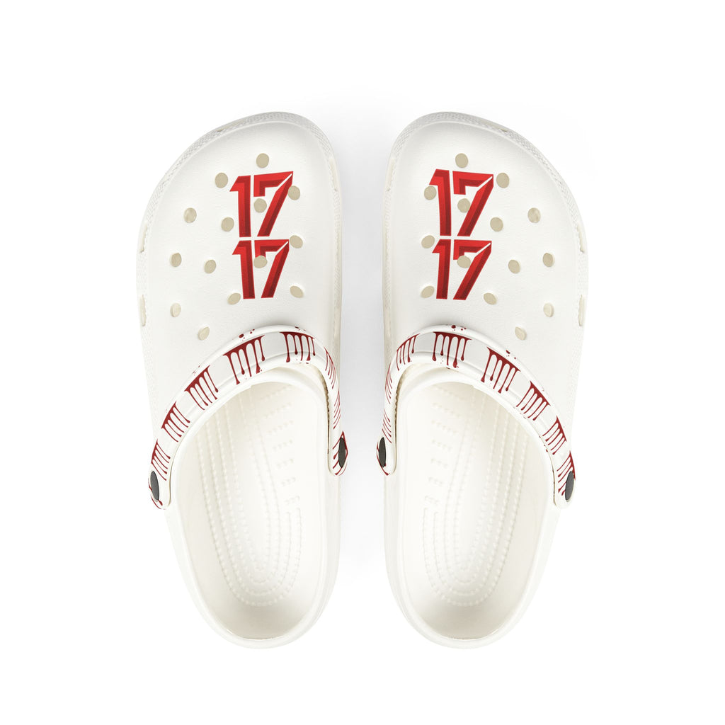 Rubber Clogs — White EVA Foam Shoes with Red '17' & Patterned Strap