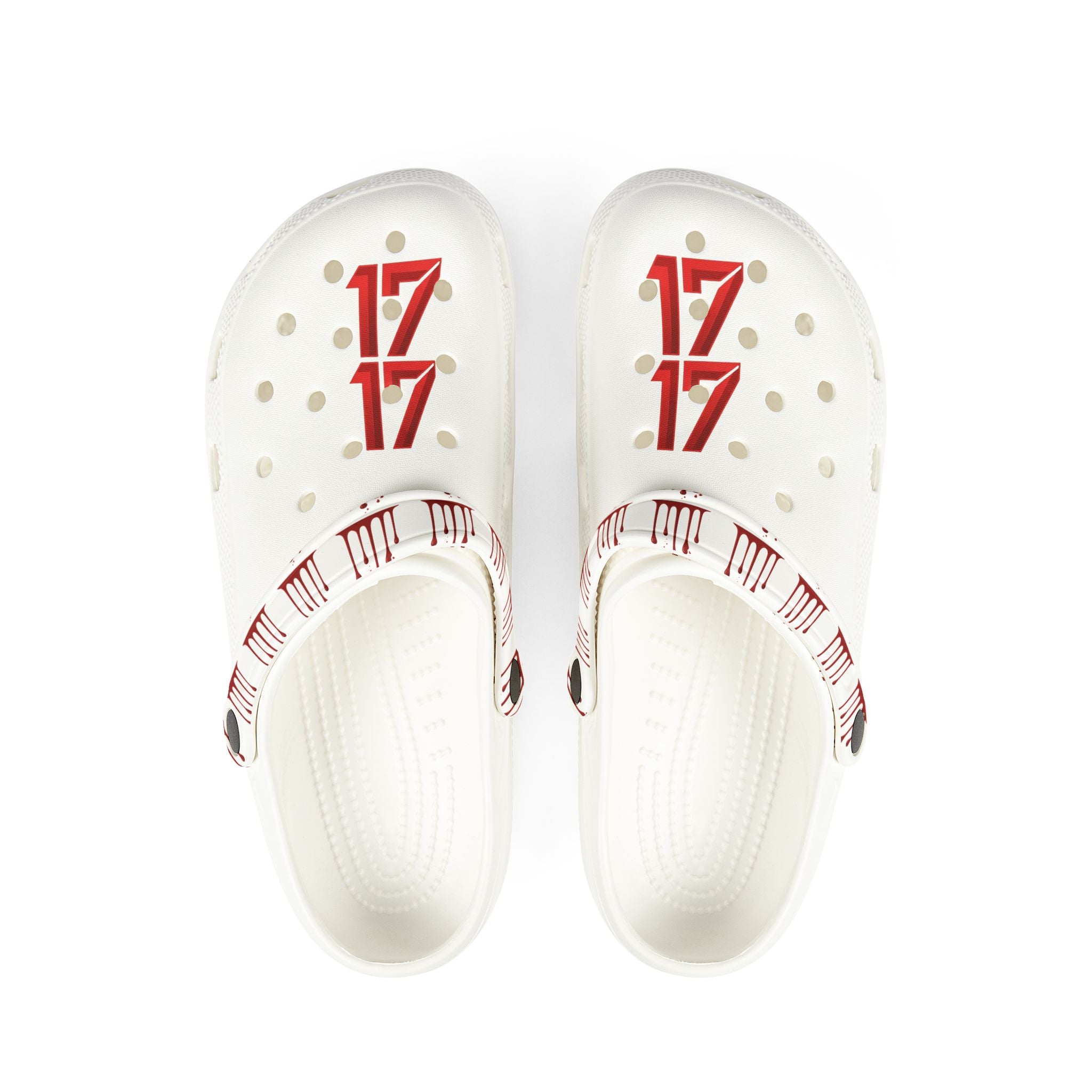 Rubber Clogs — White EVA Foam Shoes with Red '17' & Patterned Strap