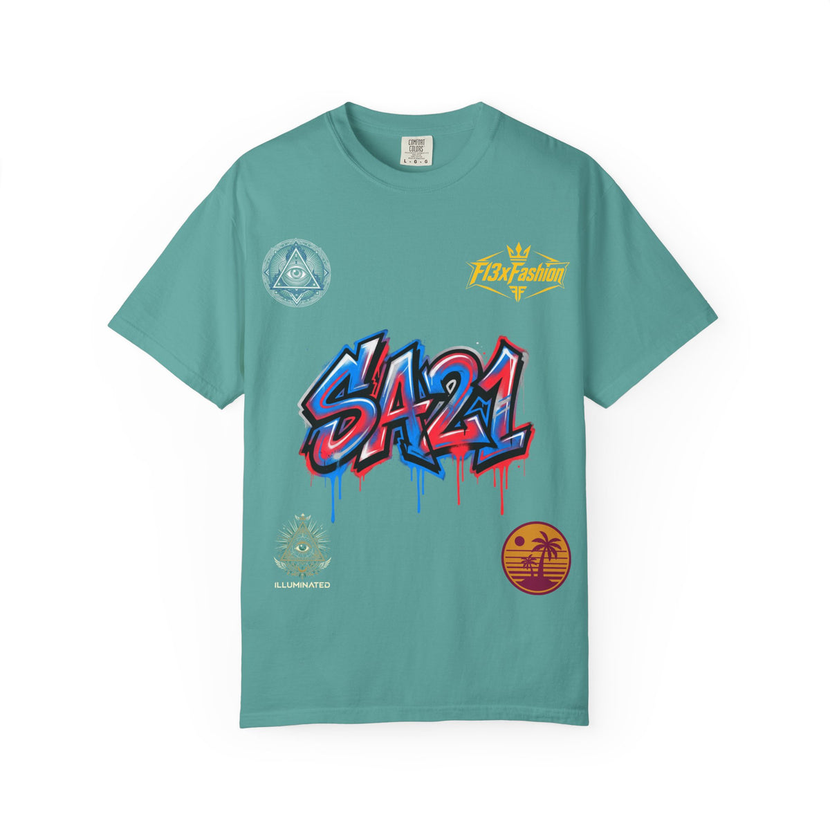 SA21 Graffiti T-Shirt — Urban Streetwear Tee with Drip Art & Tropical Patch