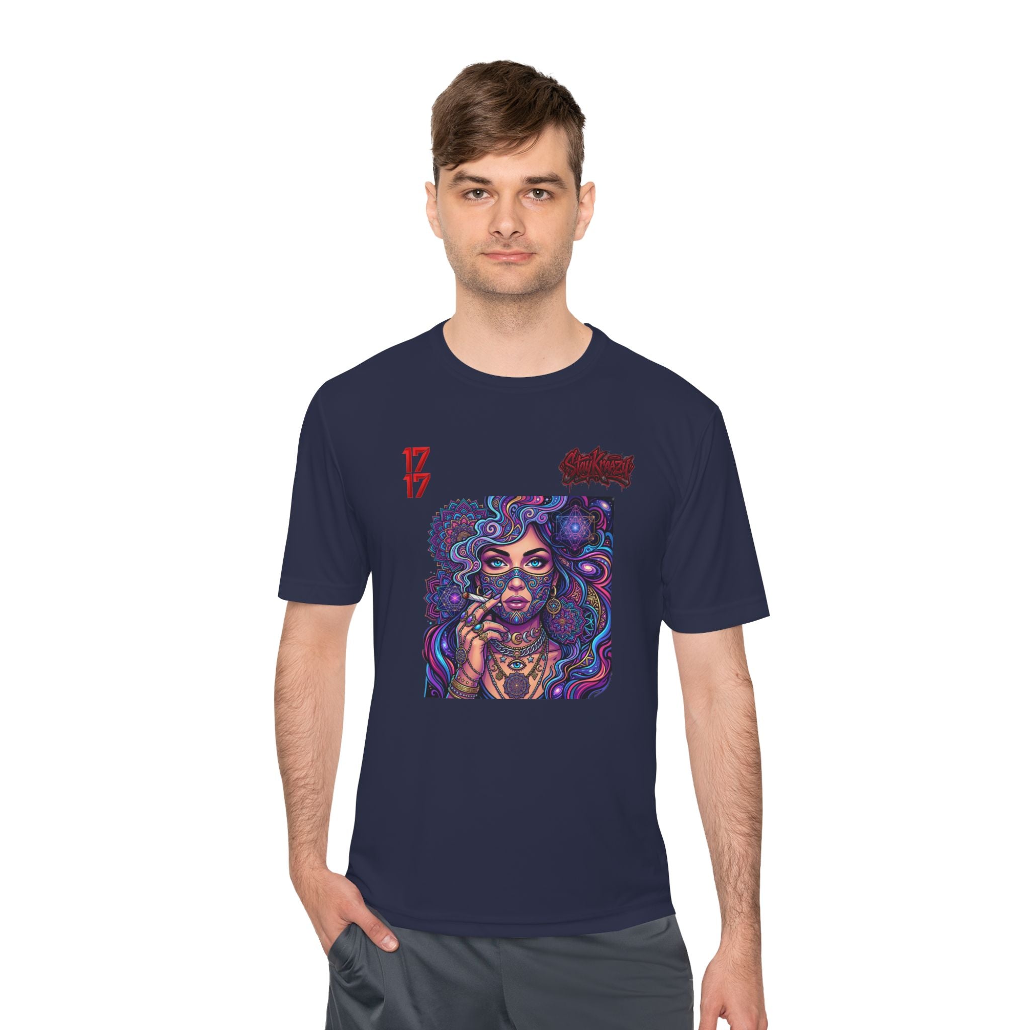 Psychedelic Woman Graphic Tee — Retro Cosmic Portrait Moisture‑Wicking Shirt