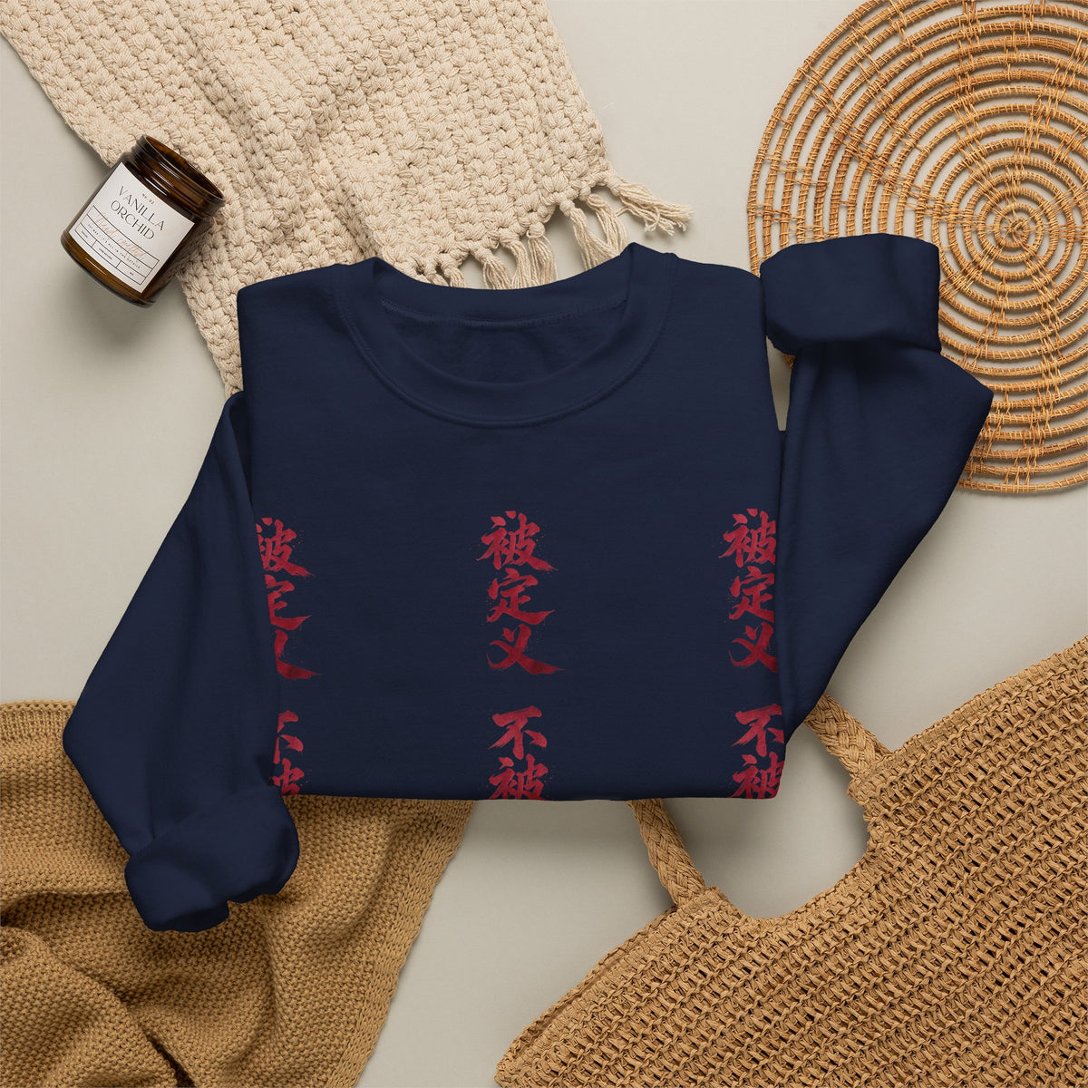 Crewneck Sweatshirt — Vertical Red Kanji Text Graphic