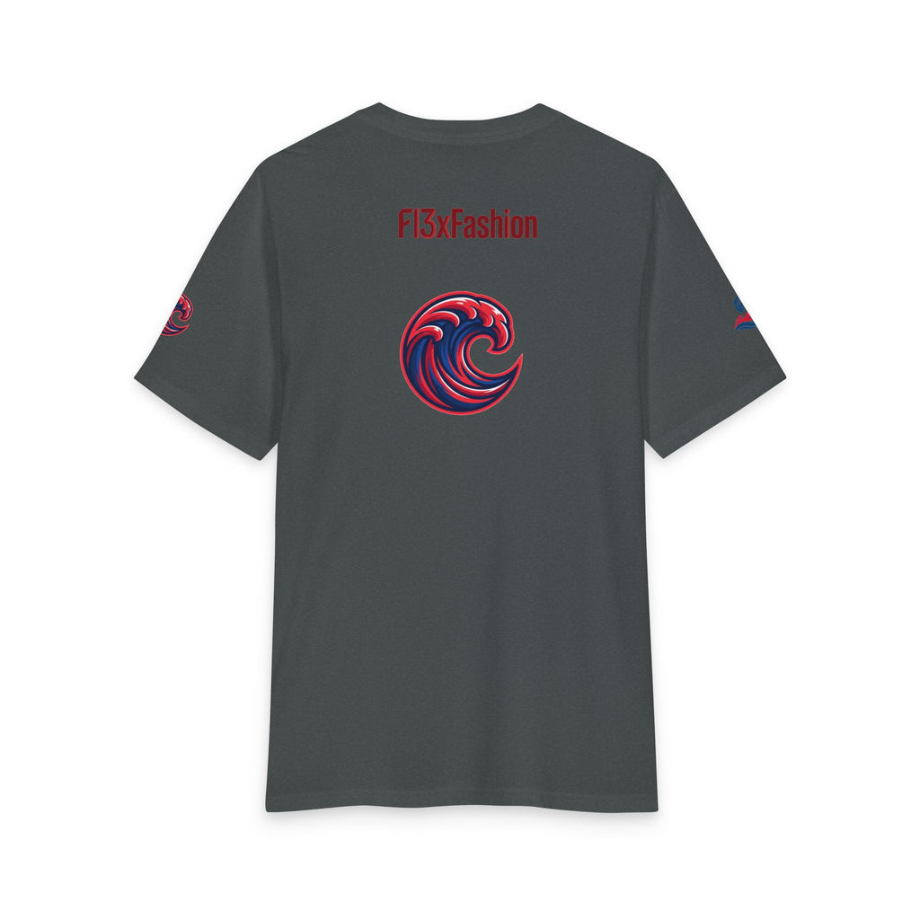 Graphic Tee — 'F13x Fashion' Red & Blue Wave Art T-Shirt