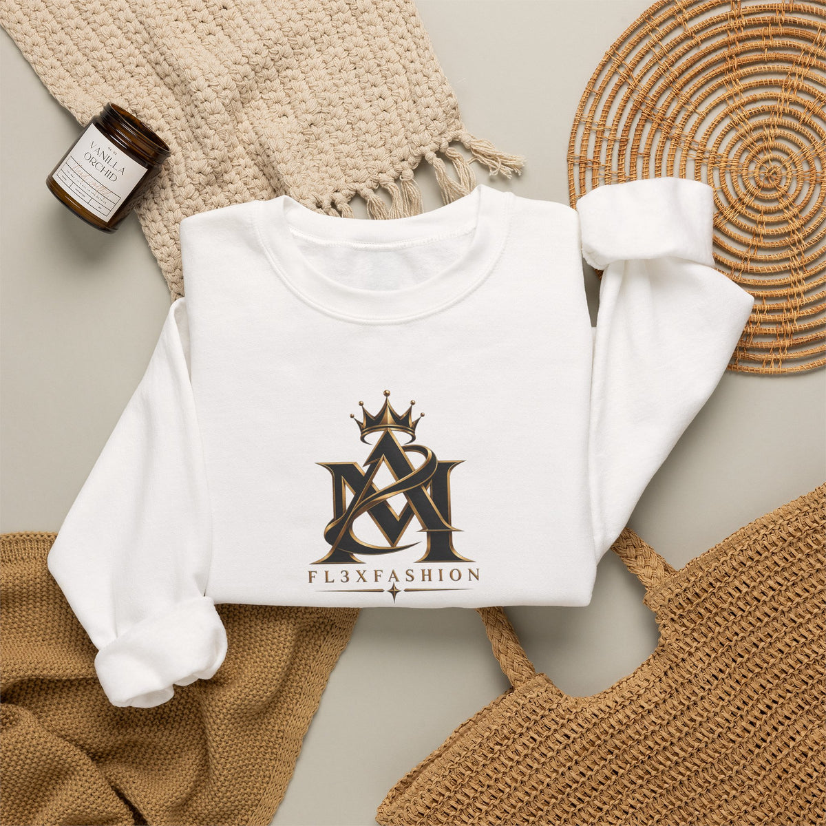 Asian-Inspired Logo Crewneck Sweatshirt — Monogram, Kanji & Lucky Charm Design