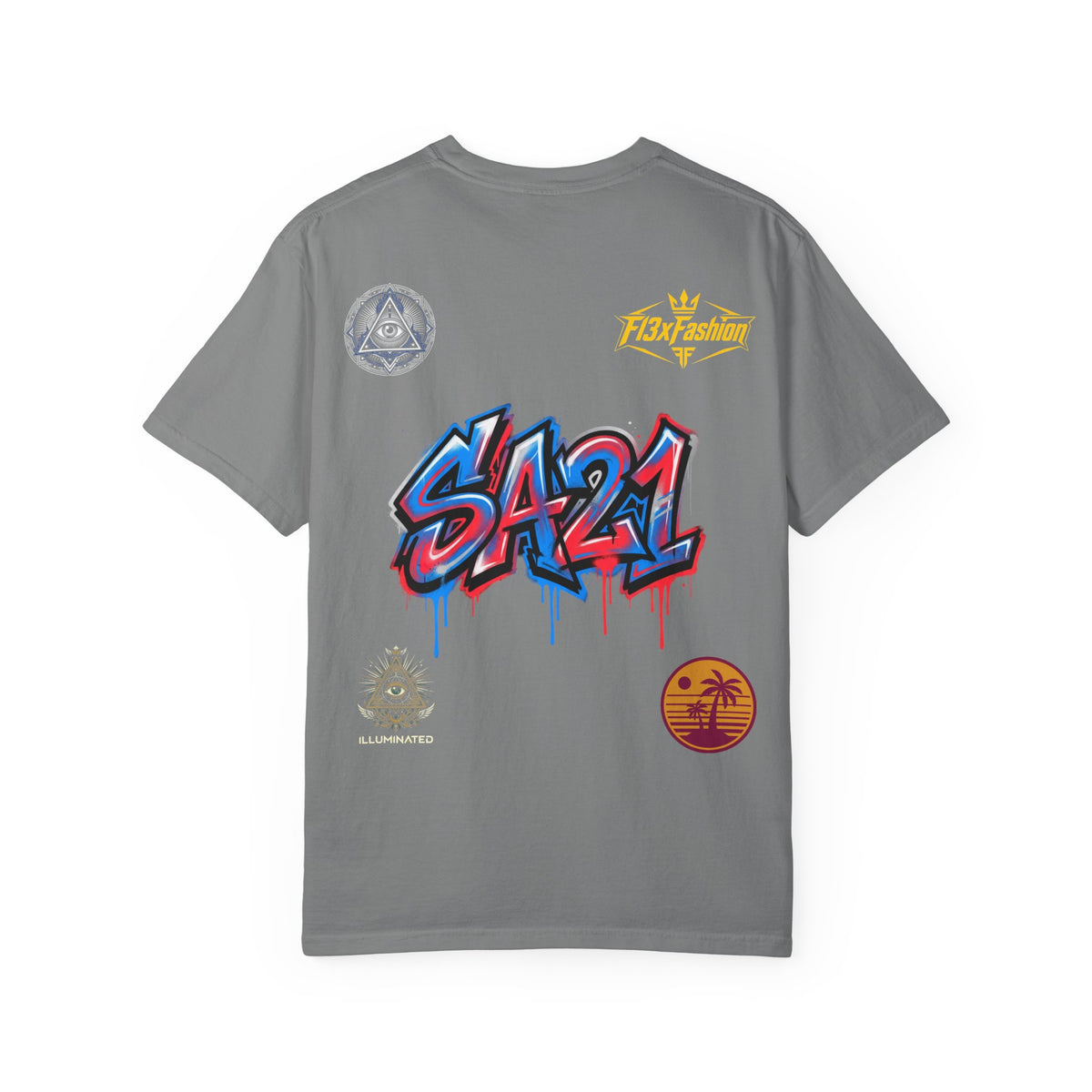 SA21 Graffiti T-Shirt — Urban Streetwear Tee with Drip Art & Tropical Patch