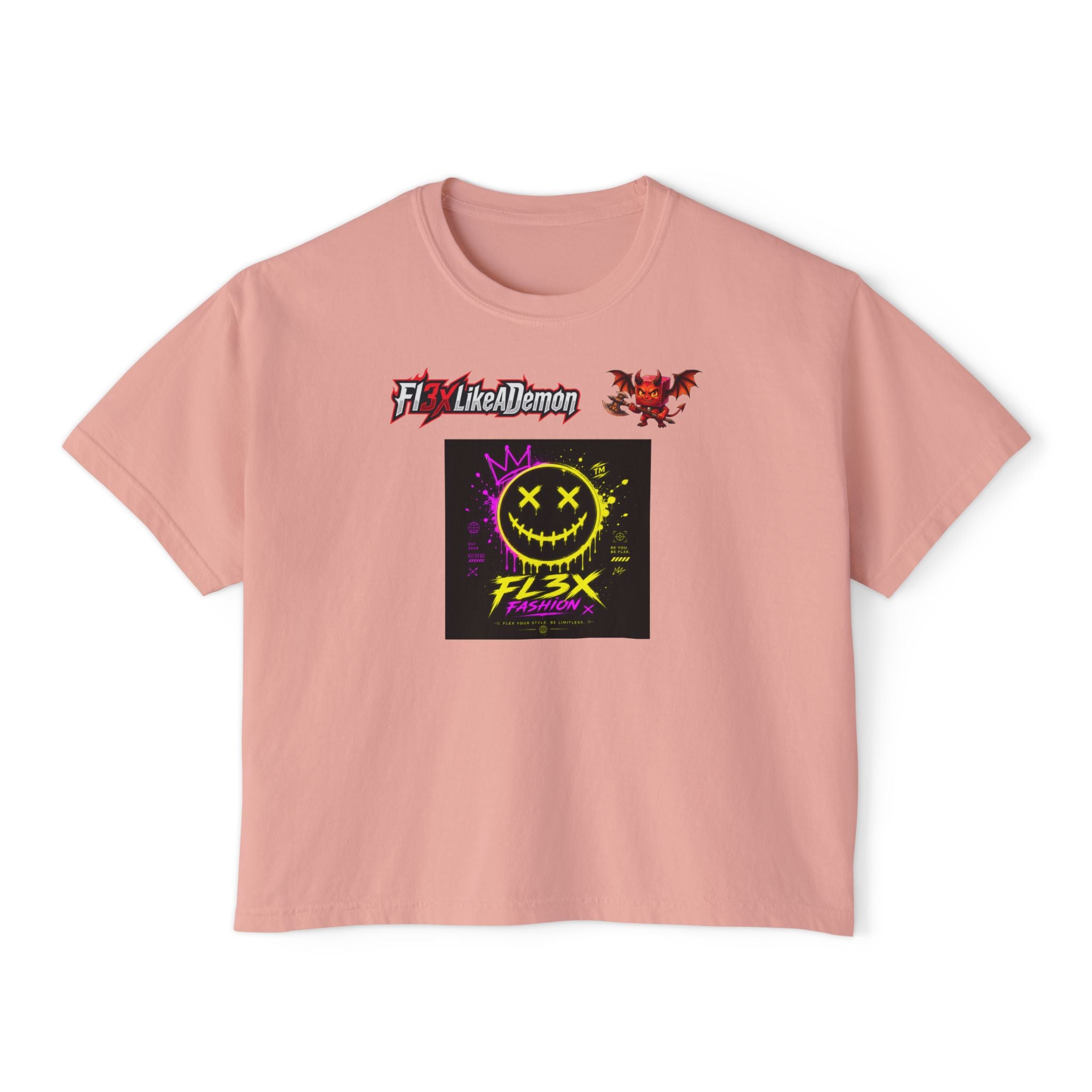 Women's Boxy Tee - Neon Smiley "FL3X" Graphic Streetwear