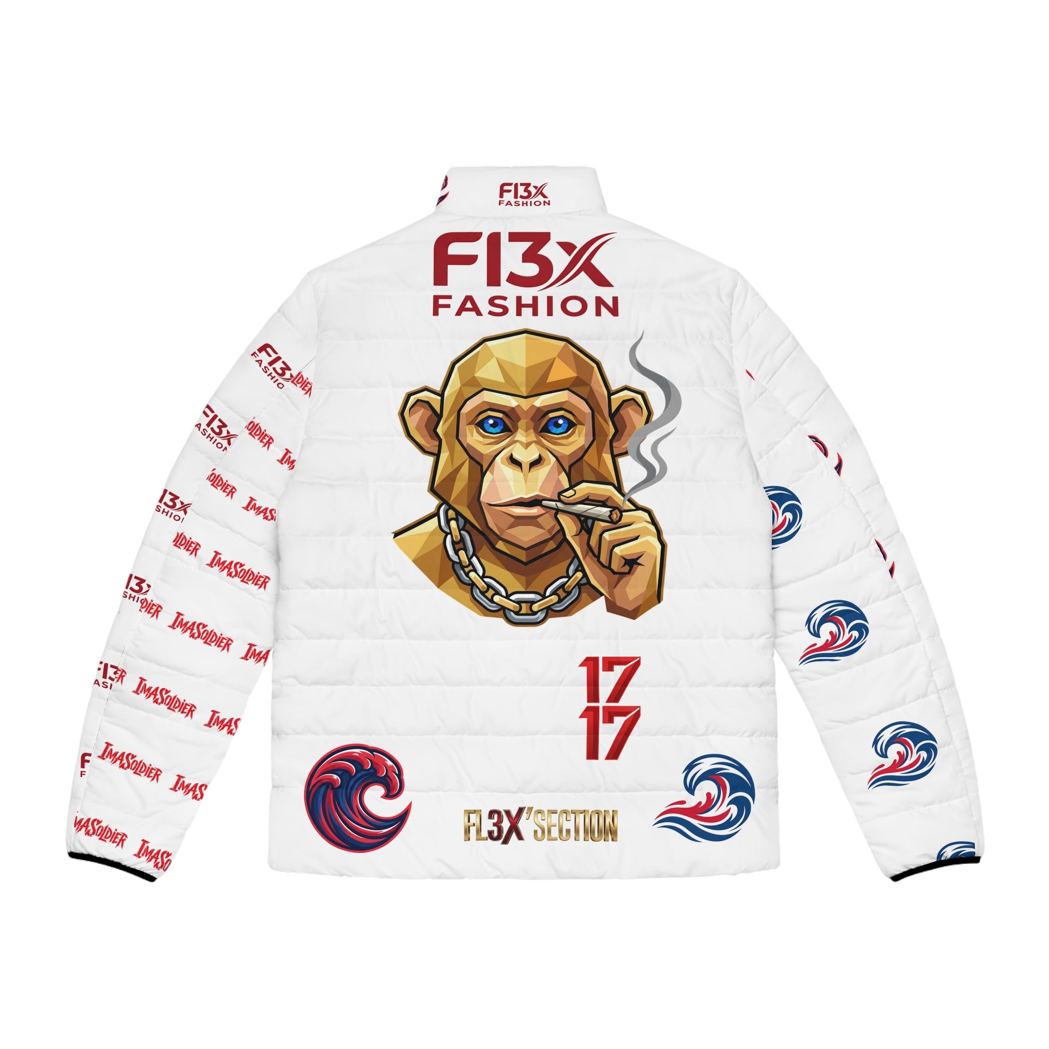 Men's Puffer Jacket — Bold Graphic Streetwear Puffer with Monkey Logo & 'I'm a Soldier' Accents