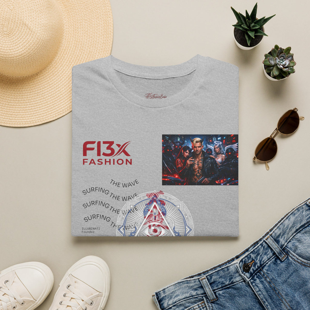 Graphic T-Shirt — F13X Fashion Collage Tee (Surfing Wave & Retro Crew)