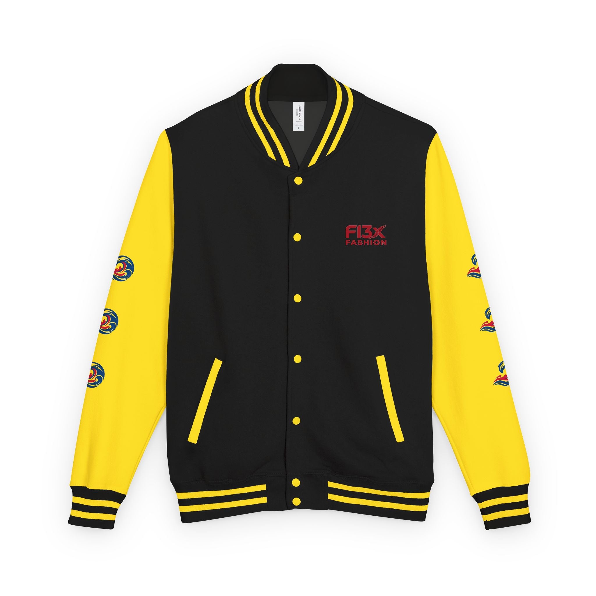 Letterman Jacket — Red Wave Graphic Varsity Jacket with 'F13X Fashion' Logo