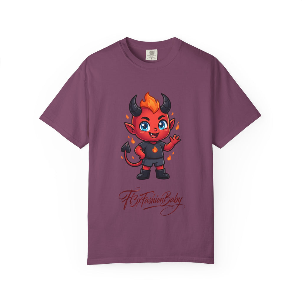 Devil Baby Graphic T-Shirt — Cute Red Demon Cartoon Tee with "FBfashionBaby" Script