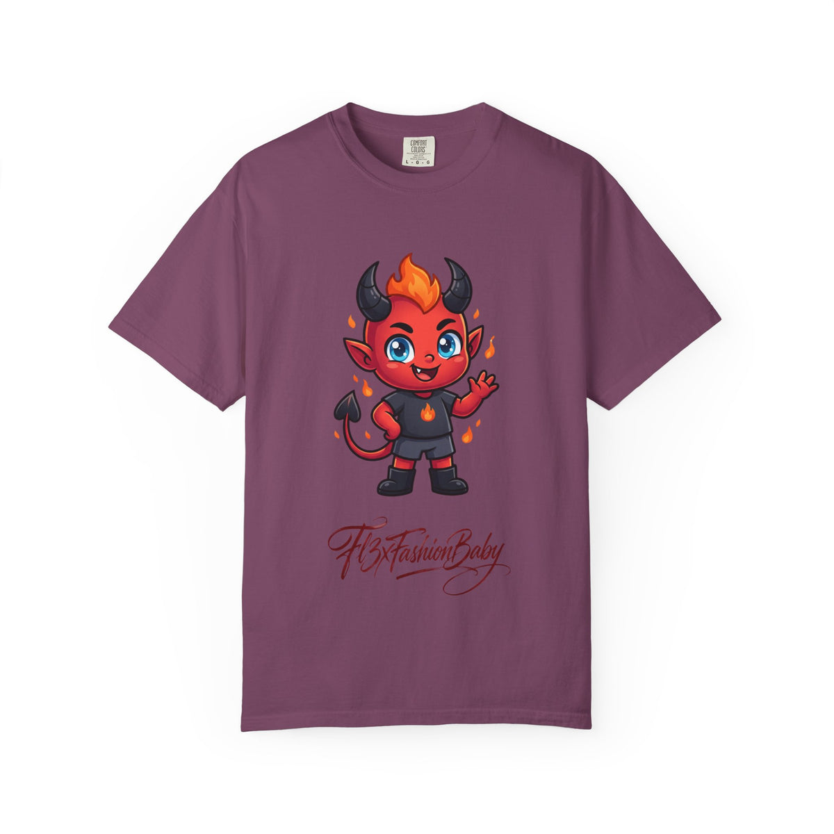 Devil Baby Graphic T-Shirt — Cute Red Demon Cartoon Tee with "FBfashionBaby" Script
