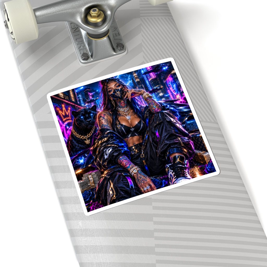 Cyberpunk Femme Fatale Sticker — Neon Street Queen Kiss-Cut Decal
