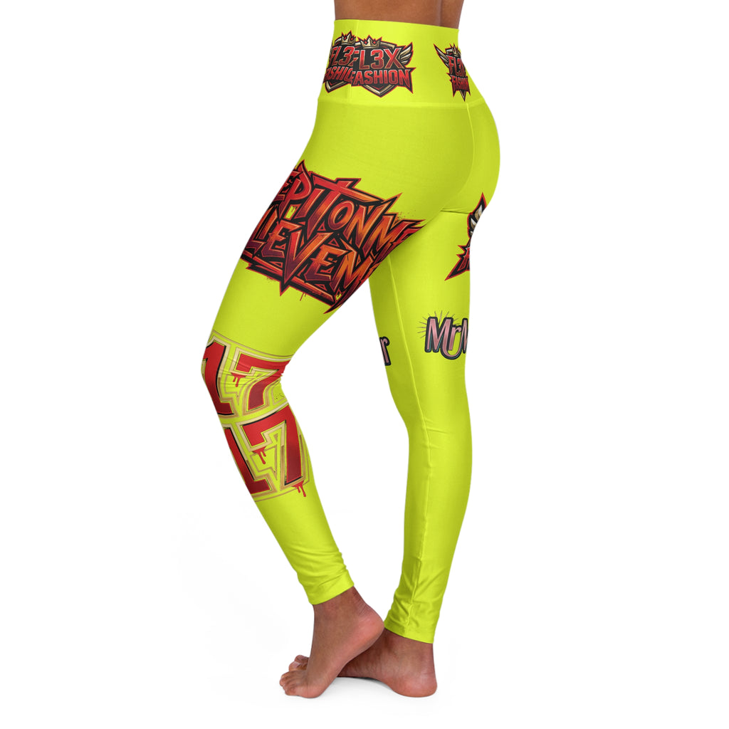 Neon Comic Pop High-Waisted Yoga Leggings — Graphic 'Fly Fashion' AOP
